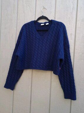 Levis Cropped Wool Sweater Chunky Cable Knit XL Navy Blue V Neck Fisherman Large